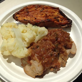 Terrace Café - Pork loin with a delicious sauce, cauliflower, and roasted sweet potato with rosemary. - Cafeteria Near Me - Chapel Hill, North Carolina Terrace Café - Pork loin with a delicious sauce, cauliflower, and roasted sweet potato with rosemary. - Cafeteria Near Me - Chapel Hill, North Carolina