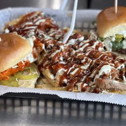 Curb Side Bistro - Hot Chick slider, El Jefe slider, and Swine fries. Excellent all the way around!