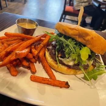 Rock Elm Tavern - Rock Elm Burger with sweet potato fries - New American Near Me - Plymouth, Minnesota Rock Elm Tavern - Rock Elm Burger with sweet potato fries - New American Near Me - Plymouth, Minnesota