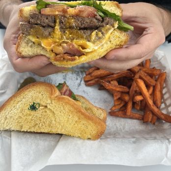 Moo Moo's Burger Barn - Morning moo with an extra patty and sweet potato fries - Burgers Near Me - Lodi, California