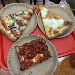 grandma slice with pepperoni cups, supreme style slice and a white slice grandma slice with pepperoni cups, supreme style slice and a white slice