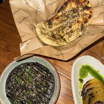 Theodora - Pita with eggplant hummus ($16) - Mediterranean Near Me - Brooklyn, New York