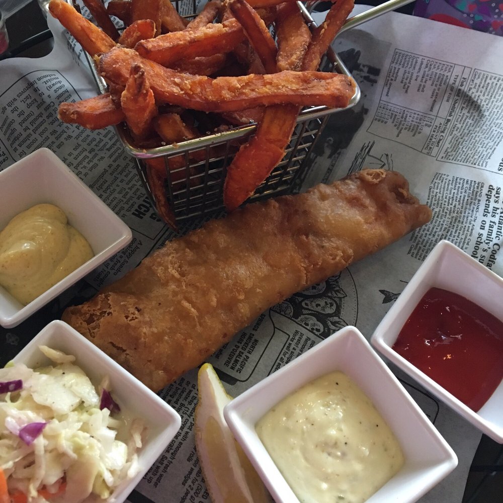 The Turtleback Tap & Grill - Fish and chips with sweet potato fries - American Near Me - Halifax, Nova Scotia