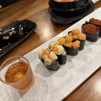 Miyagi Ayce Sushi - Quail eggs shooter, scallop, spicy scallop, salmon eggs.. - Sushi Bars Near Me - San Bernardino, California