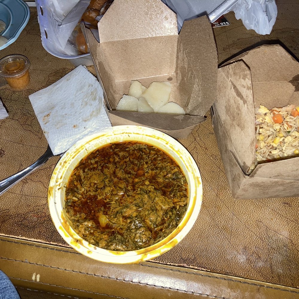 Okapi Bistro - F Flo Fried Rice, Fufu, Fumbwa (spinach, fish, peanut sauce) - African Near Me - Bloomingdale, Illinois