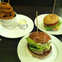 Grilled chicken on brioche, onion rings