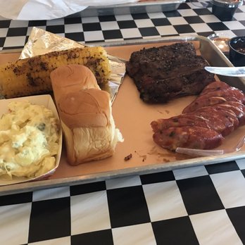407 BBQ - Smoked ribs, brisket sandwich, jalapeño sausage and corn on the Cobb - Barbeque Near Me - Argyle, Texas