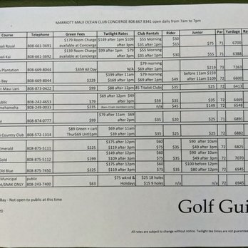 Ka'anapali Golf Courses - Help golf rate sheet that Marriott's Maui Ocean Club concierge provided me to compare golf rates on Maui. - Golf Near Me - Lahaina, Hawaii