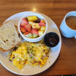 Pop's Cafe - 2 Eggs scrambled w/bacon, Fruit, Sourdough toast