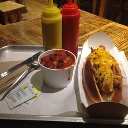 Hot dog and smokey beans at The Hanging Bat
