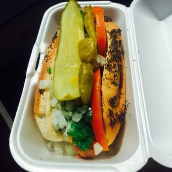Fab Hot Dogs - Chicago Dog with mustard, onions, tomato, neon green relish, pickle spear and peppers on a poppy seeded bun. - Hot Dogs Near Me - Reseda, California Fab Hot Dogs - Chicago Dog with mustard, onions, tomato, neon green relish, pickle spear and peppers on a poppy seeded bun. - Hot Dogs Near Me - Reseda, California