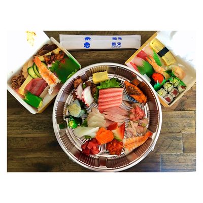 Photo of Sushi Gen - Los Angeles, CA, US. Here's our lunch - Sashimi Deluxe, Chirashi Bowl and some nigiri sushi