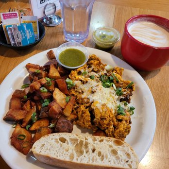 The Peach Cafe - Chorizo + eggs with a side of potatoes and sourdough bread - New American Near Me - Monrovia, California The Peach Cafe - Chorizo + eggs with a side of potatoes and sourdough bread - New American Near Me - Monrovia, California