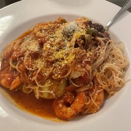 Angel hair with shrimp, capers, artichoke, olives.