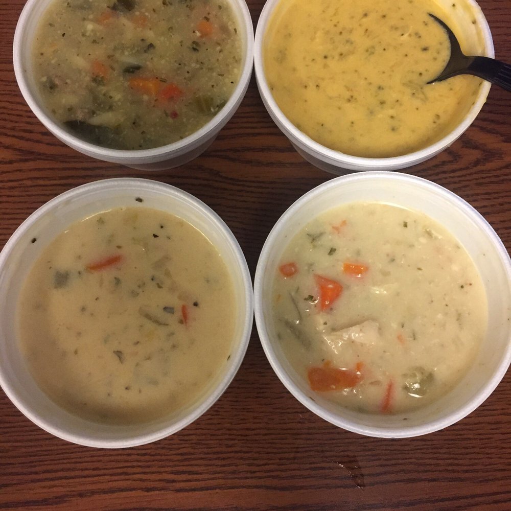 Soup sampler-Italian wedding, broccoli cheddar, creamy Chicken & rice, and corn chowder! Soup sampler-Italian wedding, broccoli cheddar, creamy Chicken & rice, and corn chowder!