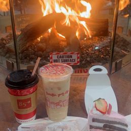 Strawberry Chocolate Mousse Cake, Pineapple Cookies, Cafe Latte Hot, & Iced Milk Tea Strawberry Chocolate Mousse Cake, Pineapple Cookies, Cafe Latte Hot, & Iced Milk Tea