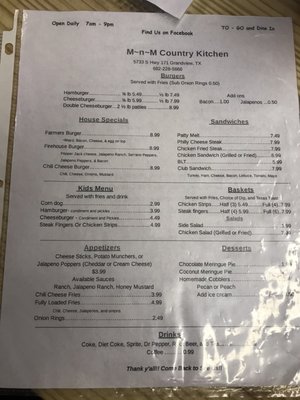 Menu photo 1 M-N-M Country Kitchen Grandview, TX Menu photo 1 M-N-M Country Kitchen Grandview, TX