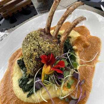 Walloon Lake Inn - Lamb Chops: pesto crusted lamb chops, cream spinach, parmesan polenta, roasted tomato & red pepper cream sauce - American Near Me - Walloon Lake, Michigan Walloon Lake Inn - Lamb Chops: pesto crusted lamb chops, cream spinach, parmesan polenta, roasted tomato & red pepper cream sauce - American Near Me - Walloon Lake, Michigan