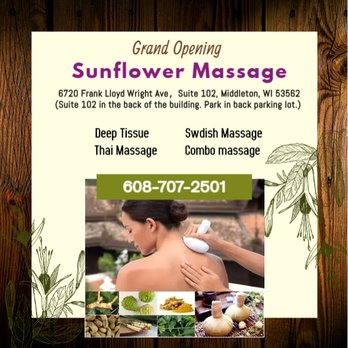 Sunflower Massage - Sunflower Massage is the place where you can have tranquility, absolute unwinding and restoration of your mind,
soul, and bo... - Massage Therapy Near Me - Middleton, Wisconsin Sunflower Massage - Sunflower Massage is the place where you can have tranquility, absolute unwinding and restoration of your mind,
soul, and bo... - Massage Therapy Near Me - Middleton, Wisconsin