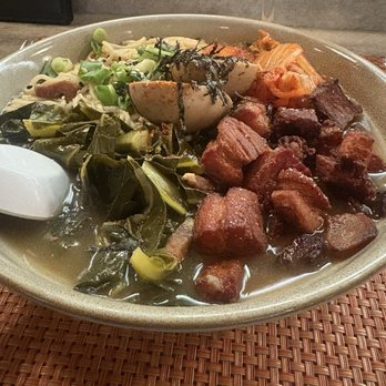 One Flew South - Collard Green Ramen-very tasty, but I wasn't wild about the egg or kimchi - New American Near Me - Atlanta, Georgia One Flew South - Collard Green Ramen-very tasty, but I wasn't wild about the egg or kimchi - New American Near Me - Atlanta, Georgia