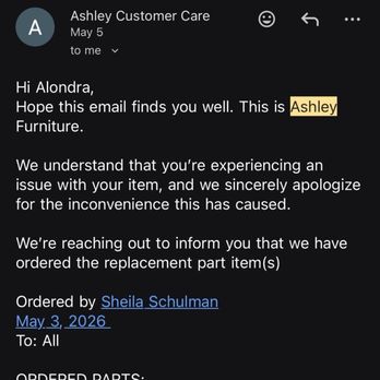 Ashley Store - Proof of replacement parts - Furniture Stores Near Me - Niles, Illinois