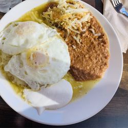 Los Abuelos Sazon Con Corazon - Enchiladas verdes montadas with beans and some of my husbands hash browns.
