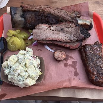 Terry Black's Barbecue - Waco - Beef rib, juicy brisket, a few pork rib, and sampled the cheddar sausage and potato salad. - Barbeque Near Me - Waco, Texas