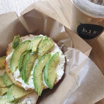 Blk Dot Coffee - CAB (cream cheese, avocado, bagel) and iced LVTM coffee - Coffee & Tea Near Me - Irvine, California