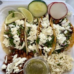 Ceyer's Taqueria - Tacos, rice and beans, with queso fresco.