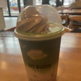 Matcha float, with red bean, mochi, and Hojicha ice cream