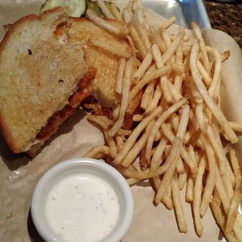 BJ's Restaurant & Brewhouse - Buffalo chicken grilled cheese with crispy fries on (cringe!) a metal tray. - New American Near Me - Frederick, Maryland