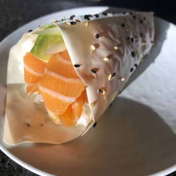 Omokase - Salmon hand with soy paper - Sushi Bars Near Me - Rancho Cucamonga, California Omokase - Salmon hand with soy paper - Sushi Bars Near Me - Rancho Cucamonga, California