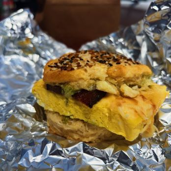 Mourning Cloak - BEC on an everything muffin - Coffee & Tea Near Me - Portland, Maine