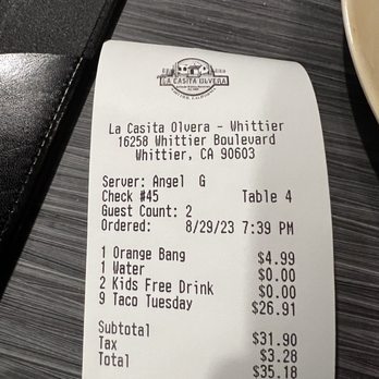 La Casita Olvera - Receipt - Mexican Near Me - Whittier, California La Casita Olvera - Receipt - Mexican Near Me - Whittier, California