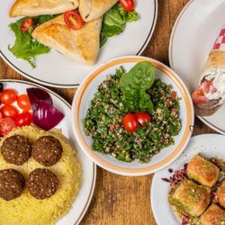 Falafel platter, tabbouleh salad, spinach pies , gyros wrap and baklava