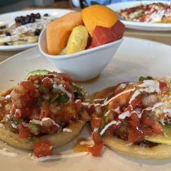 Broken Yolk Cafe - Breakfast sopes with fruit - Breakfast & Brunch Near Me - Costa Mesa, California