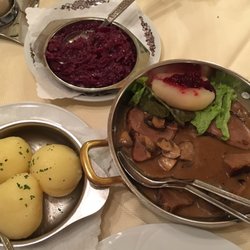 Nikolaus-Becker-Stube - Roasted Wild Boar with mushrooms in gravy, German potato dumplings and red cabbage side (#171 on menu)