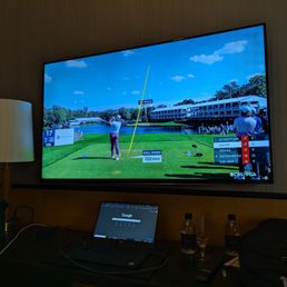 Watching the 2025 PGA Championship at Quail Hollow on the TV inside Room 36. Watching the 2025 PGA Championship at Quail Hollow on the TV inside Room 36.