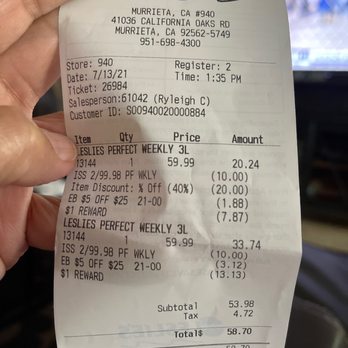 Leslie's Pool Supplies - Know your sales and stock up $120.00 plus tax only cost me $58.70 with rewards and email promo. - Hot Tub & Pool Near Me - Murrieta, California Leslie's Pool Supplies - Know your sales and stock up $120.00 plus tax only cost me $58.70 with rewards and email promo. - Hot Tub & Pool Near Me - Murrieta, California
