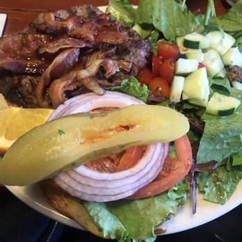 Oakland Grill - Classic burger with added bacon and side salad - Breakfast & Brunch Near Me - Oakland, California Oakland Grill - Classic burger with added bacon and side salad - Breakfast & Brunch Near Me - Oakland, California