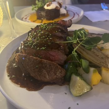 Lovina - New York strip -in front -, Roasted Beet Roullade -rear-/ - New American Near Me - Calistoga, California