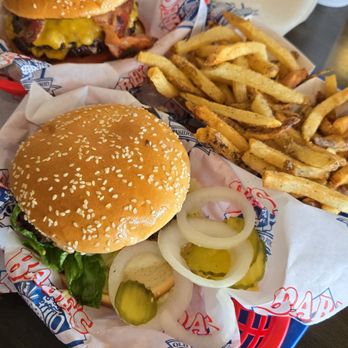 Babe’s Old Fashioned Food - Mushroom Swiss burger with home cut fries and old fashioned double with bacon cheese and jalapenos - Salad Near Me - San Antonio, Texas