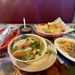 Solis Mexican Restaurant - Large caldo de res, side of rice and beans, and homemade corn tortillas.
