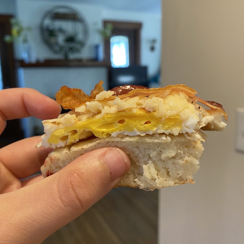 CRUMPETS - cross section of BAcon egg cheddar crumpet - Cafes Near Me - Rochester, New York