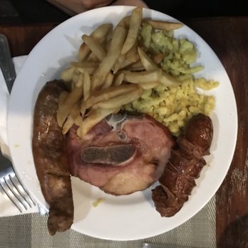 Bodensee Restaurant - "House Platter" w/ fries & Spaetzle. Spaetzle felt old, flavorless & cold. - German Near Me - Helen, Georgia