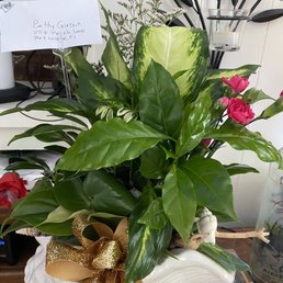 Floral arrangement in ceramic conch shell