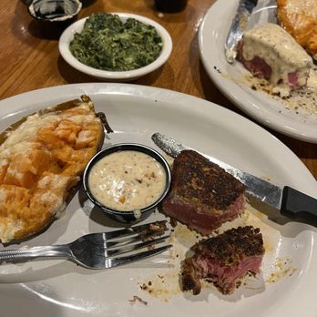 Shakers Restaurant - Blacked ahi tuna with remoulade, creamed spinach & baked sweet potato with flavored butter...YUM! - Burgers Near Me - Lynchburg, Virginia Shakers Restaurant - Blacked ahi tuna with remoulade, creamed spinach & baked sweet potato with flavored butter...YUM! - Burgers Near Me - Lynchburg, Virginia
