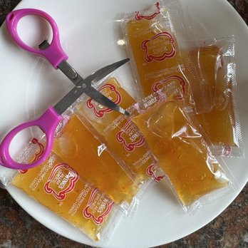 Huang’s Fine Eatery - Plum sauce with scissors - how thoughtful - Hakka Near Me - Halton Hills, Ontario Huang’s Fine Eatery - Plum sauce with scissors - how thoughtful - Hakka Near Me - Halton Hills, Ontario