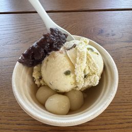 Pistachio with mochi & red beans