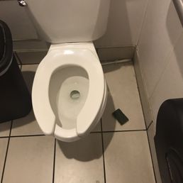 Dirty bathroom, looks like mouse poop in the corner.